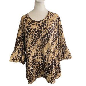 Roamans Womens Leopard Print Bell Sleeve Tunic Top Size Large 18/20 Brown/Beige